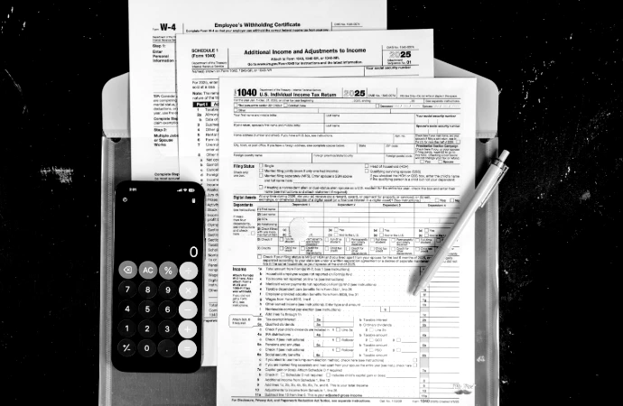 Tax forms with calculator and pen on dark surface